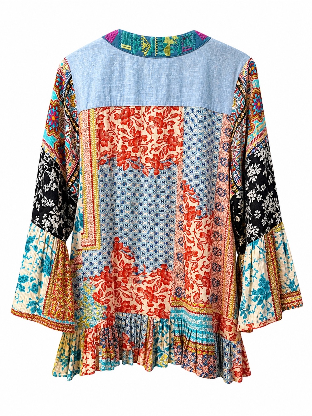 Calessa Patchwork Boho Tunic Top Bell Sleeve Embroidered Women’s Large - Picture 4 of 5